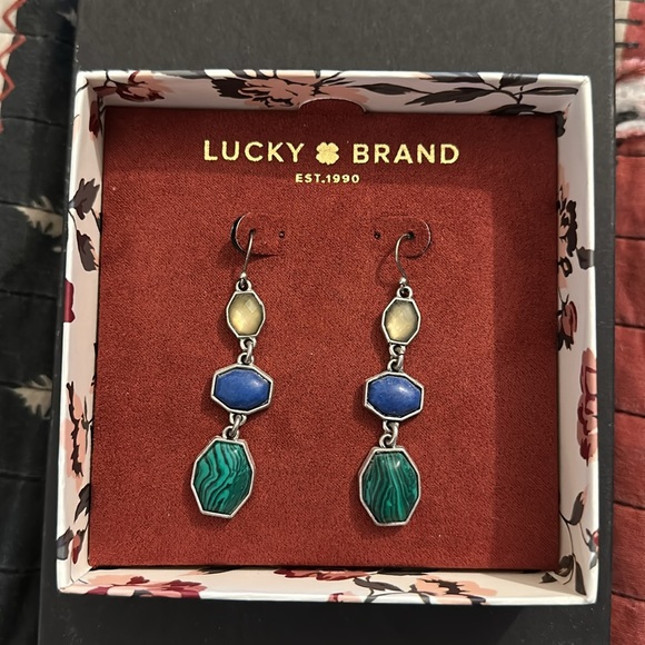 Lucky Brand earrings. Dangle 3 stones.  Like new with box.  Worn once. - Picture 1 of 4